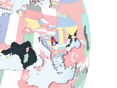 Sırbistan katıştırılmış bayrak ile parlak siyasi dünya üzerinde. 3D çizim.
