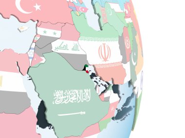 Kuveyt katıştırılmış bayrak ile parlak siyasi dünya üzerinde. 3D çizim.