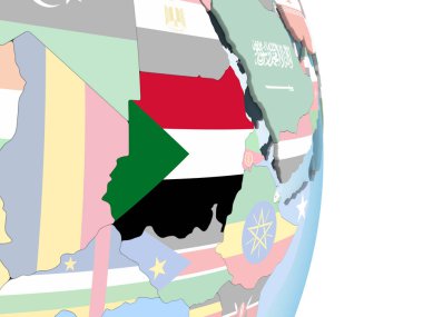 Sudan katıştırılmış bayrak ile parlak siyasi dünya üzerinde. 3D çizim.