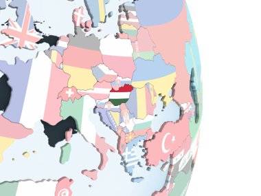 Macaristan katıştırılmış bayrak ile parlak siyasi dünya üzerinde. 3D çizim.