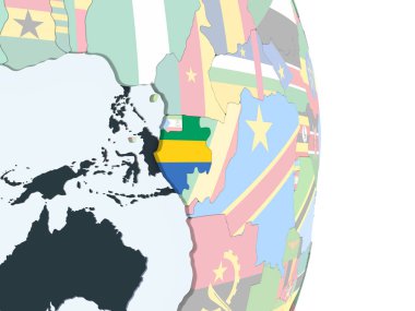 Gabon katıştırılmış bayrak ile parlak siyasi dünya üzerinde. 3D çizim.
