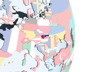 Slovakya katıştırılmış bayrak ile parlak siyasi dünya üzerinde. 3D çizim.