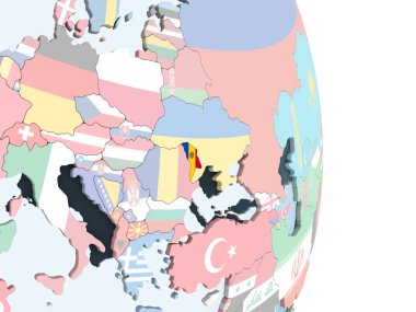 Moldova katıştırılmış bayrak ile parlak siyasi dünya üzerinde. 3D çizim.