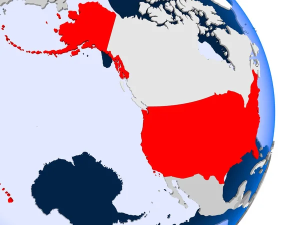 美国在红色在政治地球的模型以透明的海洋 — 图库照片