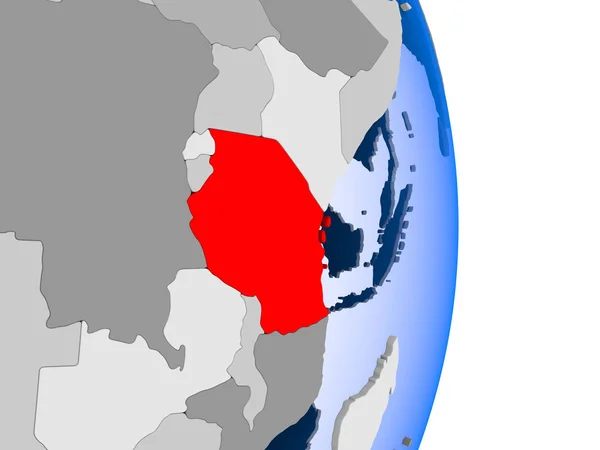 坦桑尼亚在红色在政治地球的模型以透明的海洋 — 图库照片