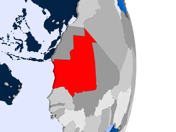 Mauritanië Rood Model Van Politieke Wereld Met Transparante Oceanen Illustratie — Stockfoto