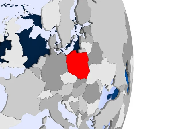 Польша Красном Модели Политического Глобуса Прозрачными Океанами Иллюстрация — стоковое фото