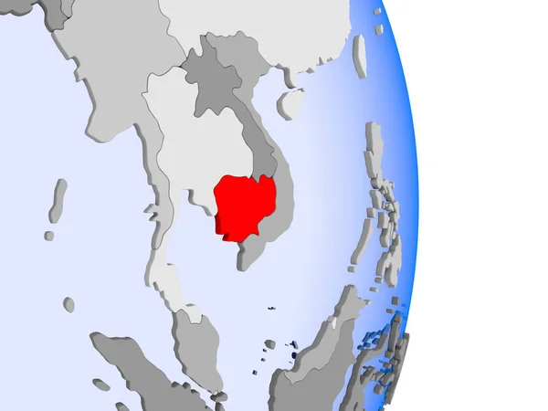 Cambogia Rosso Sul Modello Del Globo Politico Con Oceani Trasparenti — Foto Stock