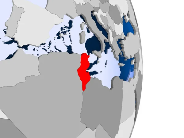 Tunisia Rosso Sul Modello Del Globo Politico Con Oceani Trasparenti — Foto Stock