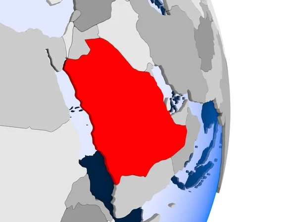 Arábia Saudita Vermelho Modelo Globo Político Com Oceanos Transparentes Ilustração — Fotografia de Stock