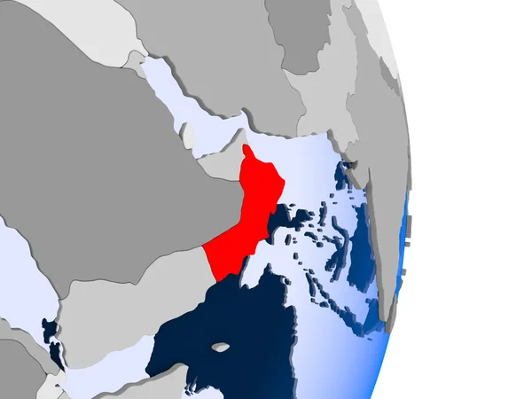 Oman Czerwono Modelu Globus Polityczny Przezroczystym Oceanów Ilustracja — Zdjęcie stockowe