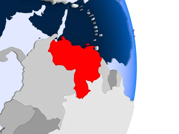 委内瑞拉以红色在政治地球的模型以透明的海洋 — 图库照片