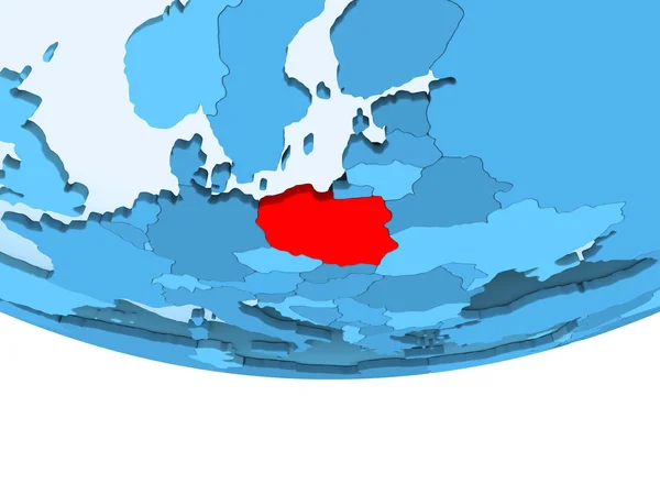 Иллюстрация Польши Выделена Красным Голубом Шаре Прозрачными Океанами Иллюстрация — стоковое фото