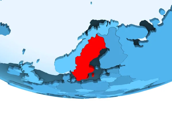 瑞典的例证用红色在蓝色地球突出显示以透明的海洋 — 图库照片
