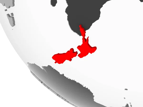 新西兰在红色在简单的灰色政治地球与明显的国家边界和透明的海洋 — 图库照片
