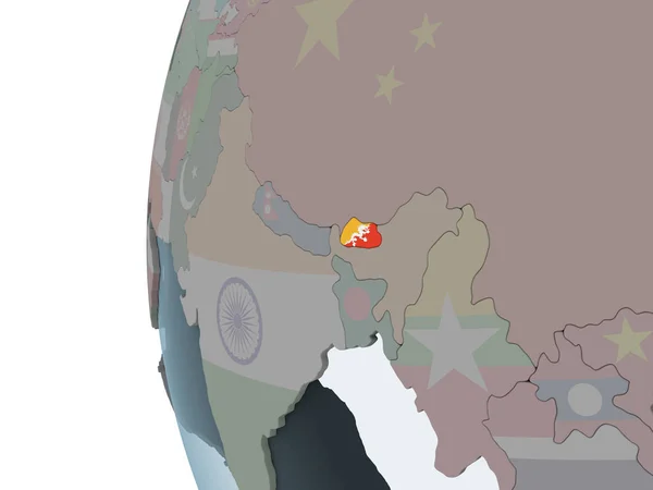 Bhoutan Sur Globe Politique Avec Drapeau Intégré Illustration — Photo
