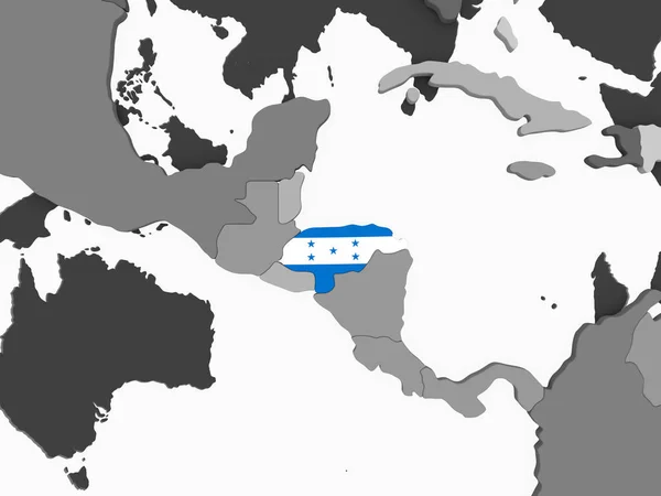洪都拉斯在灰色政治地球仪与嵌入的旗子 — 图库照片