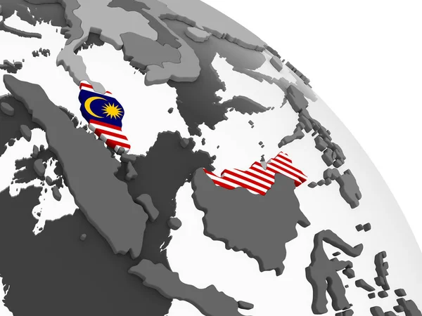 Malesia Globo Politico Grigio Con Bandiera Incorporata Illustrazione — Foto Stock