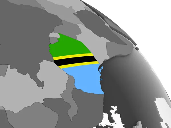 Tanzânia Globo Político Cinzento Com Bandeira Embutida Ilustração — Fotografia de Stock