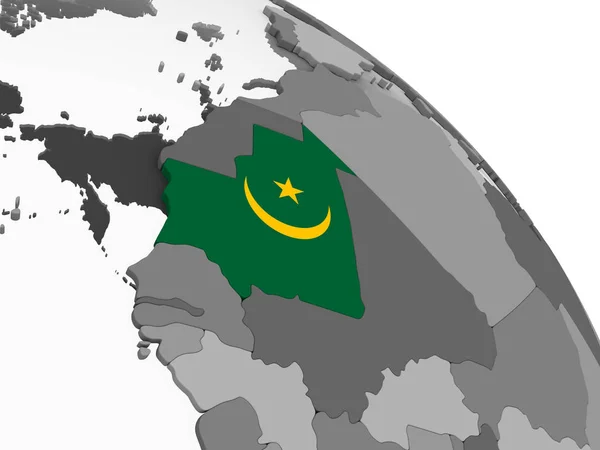 毛里塔尼亚在灰色政治地球与嵌入的旗子 — 图库照片