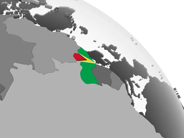 圭亚那在灰色政治地球仪与嵌入的旗子 — 图库照片
