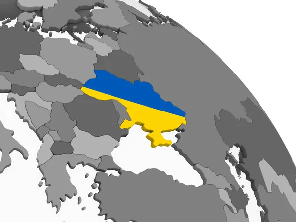 乌克兰在灰色政治全球与嵌入的旗子 — 图库照片