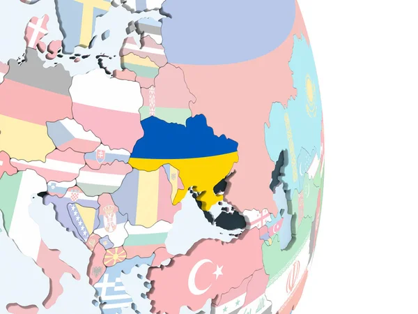 Ukraine Sur Globe Politique Lumineux Avec Drapeau Intégré Illustration — Photo