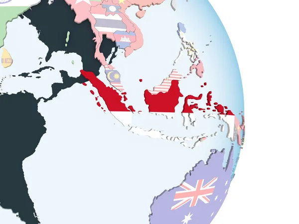 Indonésie Jasné Politické Globe Vloženými Vlajky Obrázek — Stock fotografie