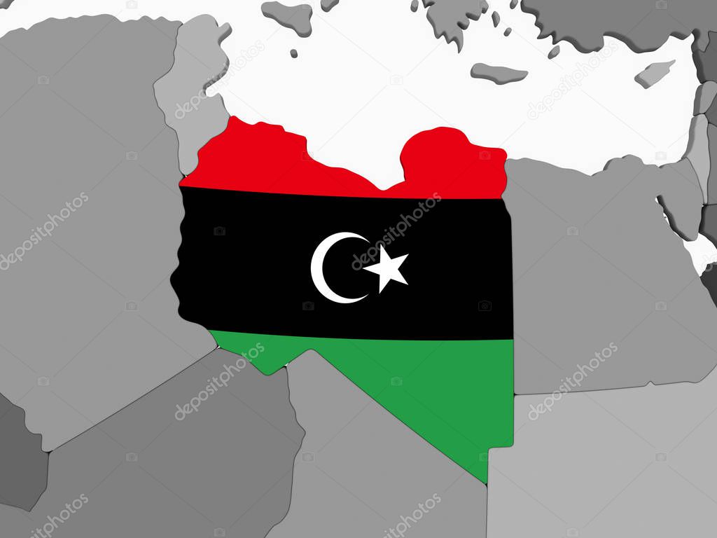 Libya on gray political globe with embedded flag. 3D illustration.