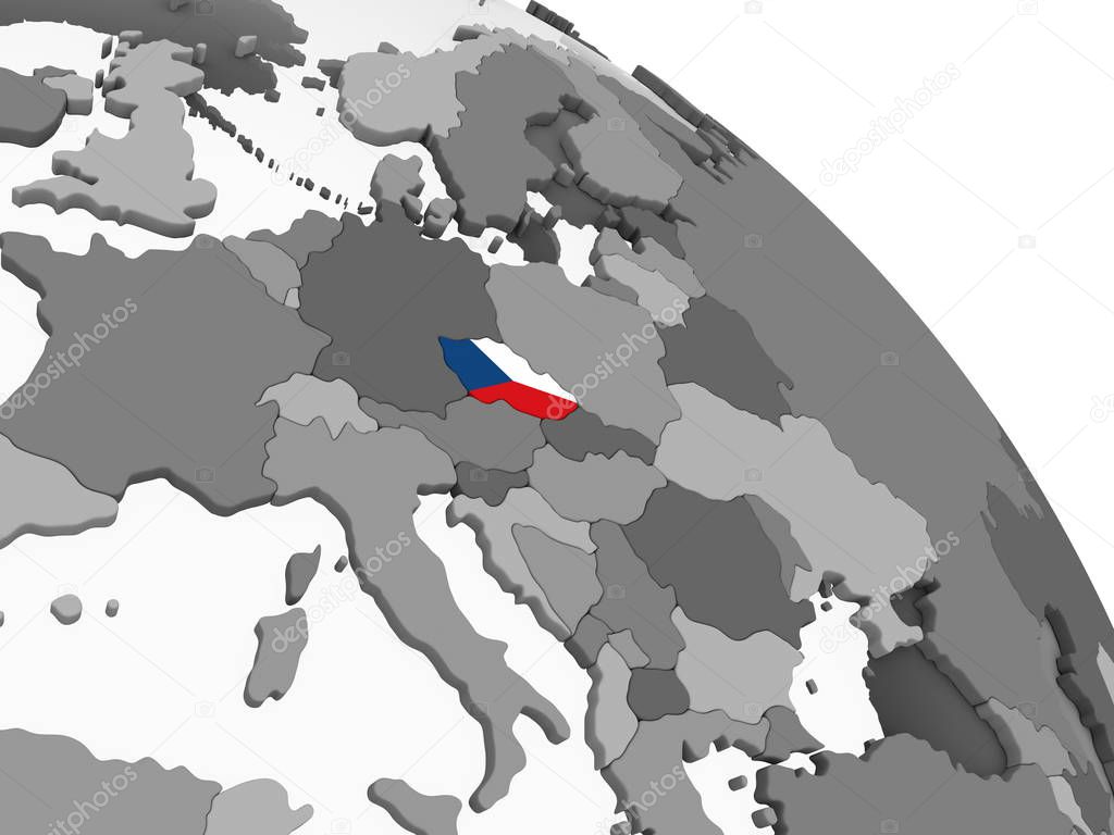 Czech republic on gray political globe with embedded flag. 3D illustration.