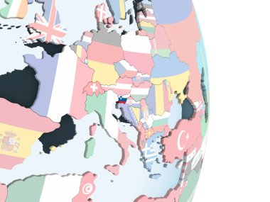 Slovenya katıştırılmış bayrak ile parlak siyasi dünya üzerinde. 3D çizim.