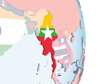Myanmar katıştırılmış bayrak ile parlak siyasi dünya üzerinde. 3D çizim.