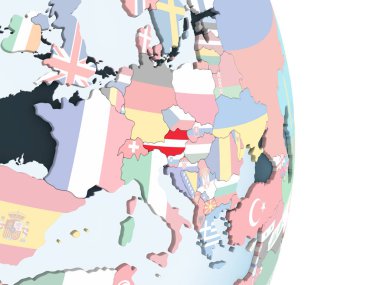 Avusturya katıştırılmış bayrak ile parlak siyasi dünya üzerinde. 3D çizim.