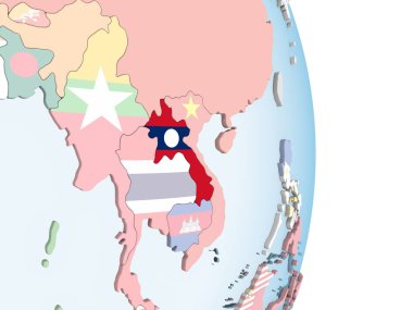 Laos katıştırılmış bayrak ile parlak siyasi dünya üzerinde. 3D çizim.