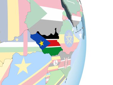 Güney Sudan katıştırılmış bayrak ile parlak siyasi dünya üzerinde. 3D çizim.