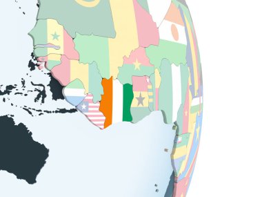 Fildişi Sahili katıştırılmış bayrak ile parlak siyasi dünya üzerinde. 3D çizim.