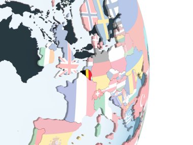 Belçika katıştırılmış bayrak ile parlak siyasi dünya üzerinde. 3D çizim.