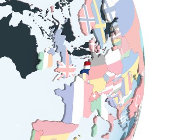 Hollanda katıştırılmış bayrak ile parlak siyasi dünya üzerinde. 3D çizim.
