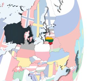 Litvanya katıştırılmış bayrak ile parlak siyasi dünya üzerinde. 3D çizim.