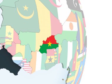 Burkina Faso katıştırılmış bayrak ile parlak siyasi dünya üzerinde. 3D çizim.