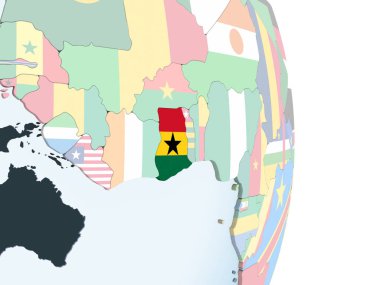 Gana katıştırılmış bayrak ile parlak siyasi dünya üzerinde. 3D çizim.