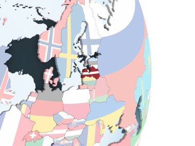 Letonya katıştırılmış bayrak ile parlak siyasi dünya üzerinde. 3D çizim.