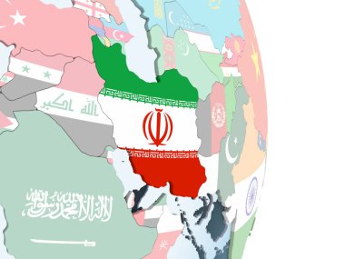Iran katıştırılmış bayrak ile parlak siyasi dünya üzerinde. 3D çizim.