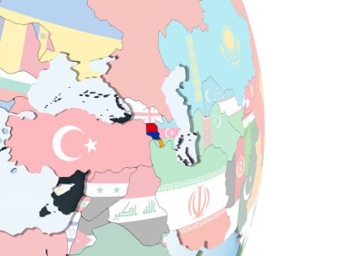 Ermenistan katıştırılmış bayrak ile parlak siyasi dünya üzerinde. 3D çizim.