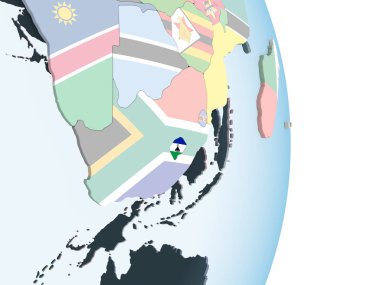 Lesotho katıştırılmış bayrak ile parlak siyasi dünya üzerinde. 3D çizim.