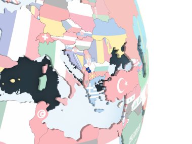 Kosova katıştırılmış bayrak ile parlak siyasi dünya üzerinde. 3D çizim.