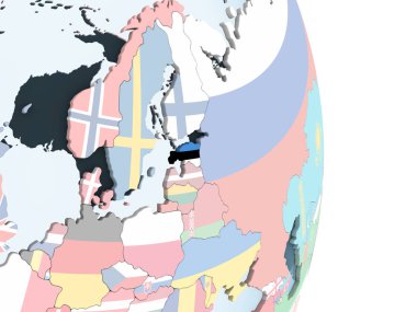 Estonya katıştırılmış bayrak ile parlak siyasi dünya üzerinde. 3D çizim.