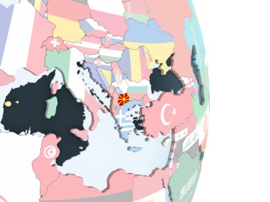 Makedonya katıştırılmış bayrak ile parlak siyasi dünya üzerinde. 3D çizim.