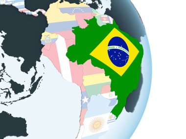 Brezilya katıştırılmış bayrak ile parlak siyasi dünya üzerinde. 3D çizim.