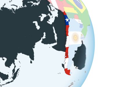 Şili katıştırılmış bayrak ile parlak siyasi dünya üzerinde. 3D çizim.